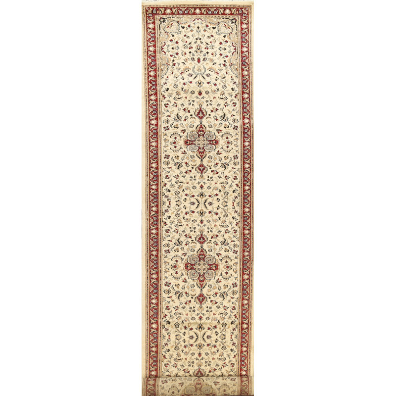 Tapis de couloir beige en laine noué à la main de conception unique 2 pi 8 po x 20 pi 2 po New Age