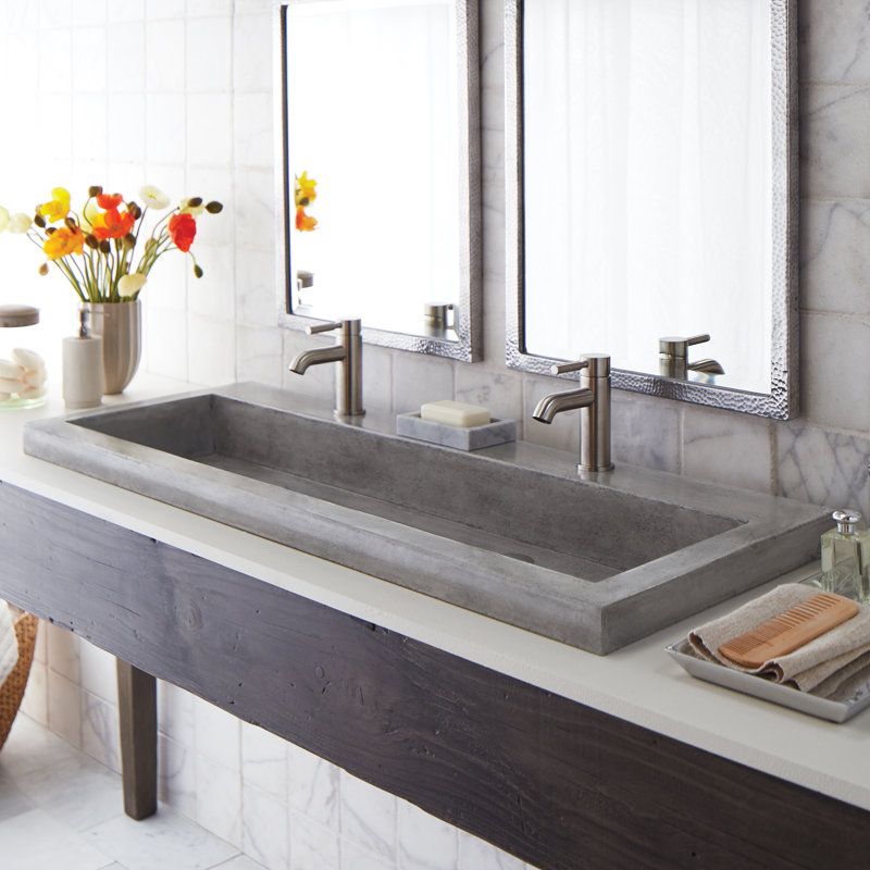 Trough Concrete Handmade Rectangular Drop-in Bathroom Sink, Slate, Two Holes Faucet