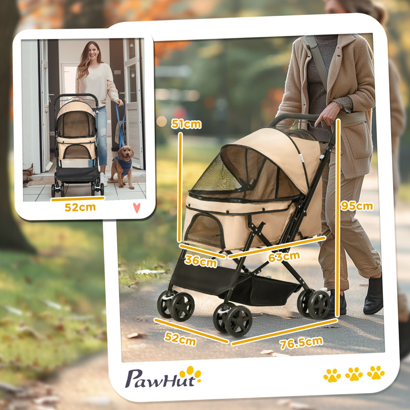 Pet Stroller Dog Foldable Travel Carriage with Reversible Handle Brown, Beige