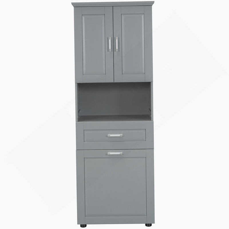Tall Bathroom Cabinet With Laundry Basket, Large Storage Space, Gray