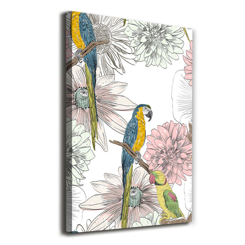 Parrots And Flowers - Wrapped Canvas Print