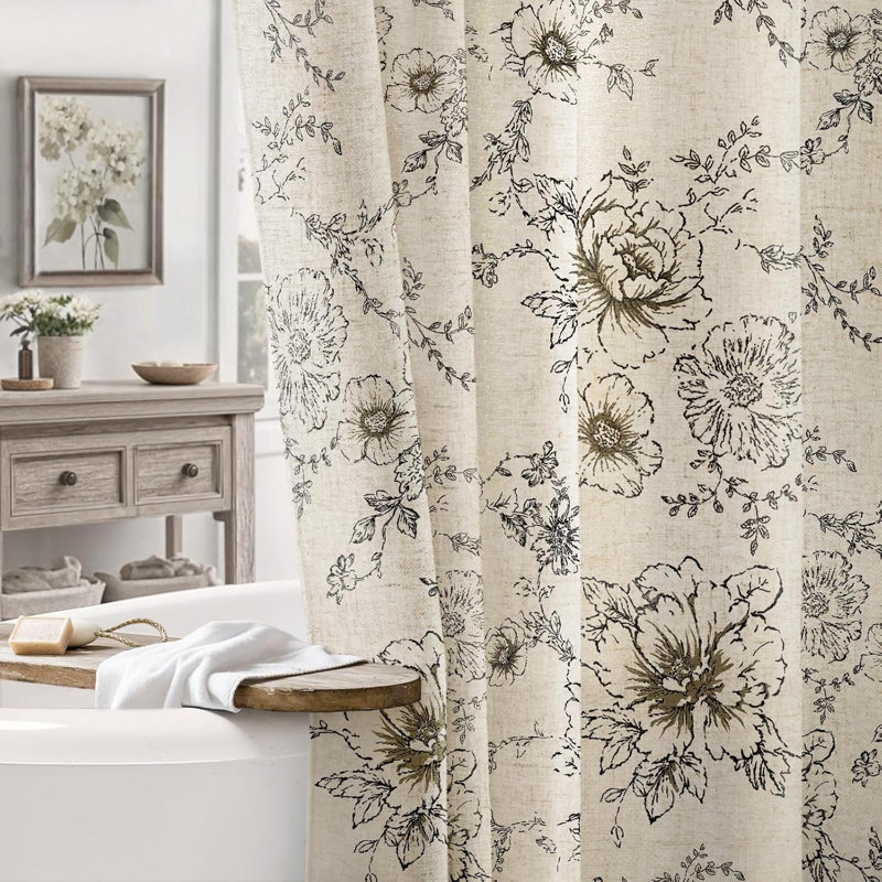 Rideau de douche Farmhouse Floral Vintage, rideaux de douche à motif en lin noir pour salle de bain, taupe brun clair