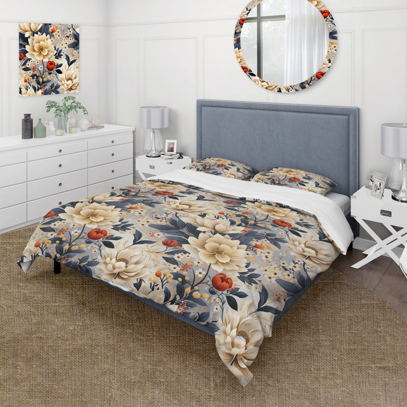 Ensemble de housse de couette bleu et beige, Housse de couette pour grand lit et 2 taies décor