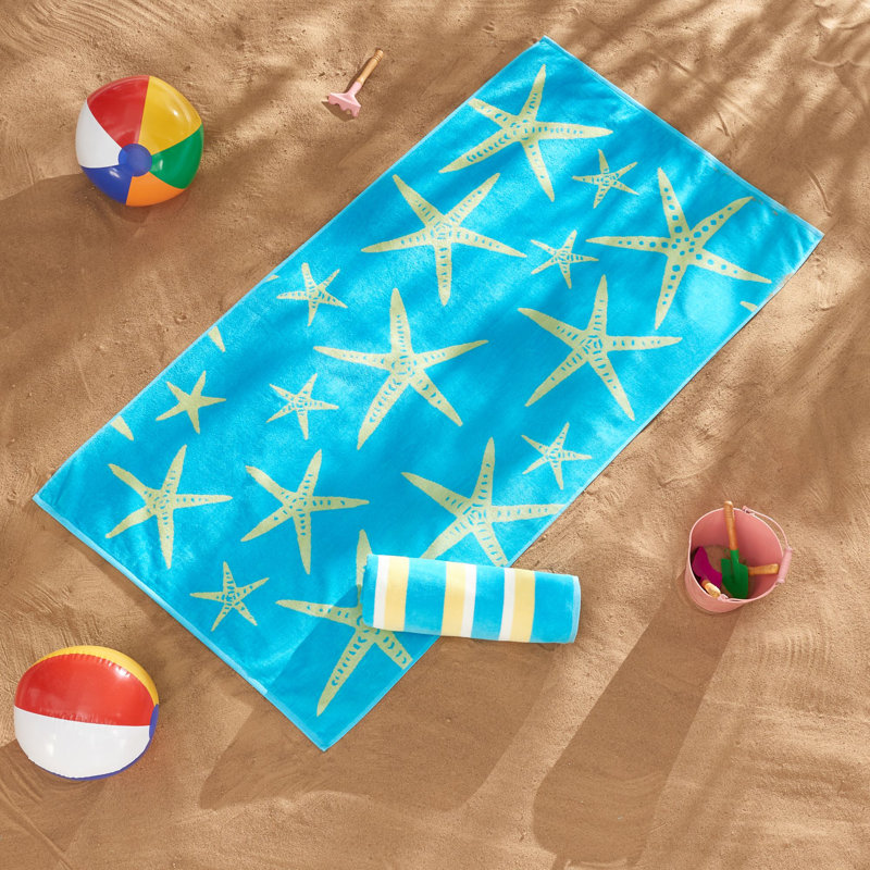 Serviettes de plage 100% jacquard 100% coton, Bleu / jaune étoile de mer et rayures