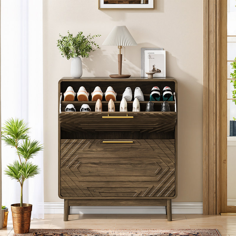 31.5"  Mid-Century Flip-Down Shoe Cabinet Geometric Carved 2-Layer Entryway Shoe Storage with Adjustable Shelves for Narrow Hallways Small Apartments