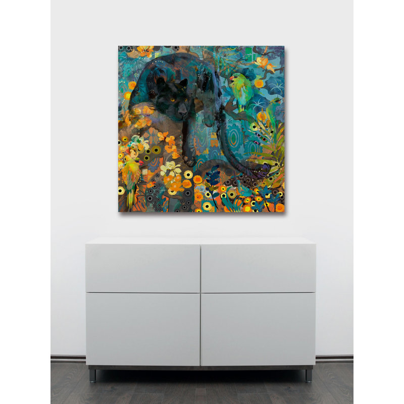 «Jaguar And Green Parrots» par Evelia, reproduction d'art sur toile tendue, H 18 po x l 18 po x P 1,5 po