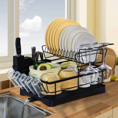 BOOSINY Dish Drying Rack for Kitchen Counter, 2 Tier Large  Dish Drainer with Drainboard Set, Cutlery Holder, Cutting Board Holder and  Extra Dryer Mat (Black - 304 Stainless Steel)
