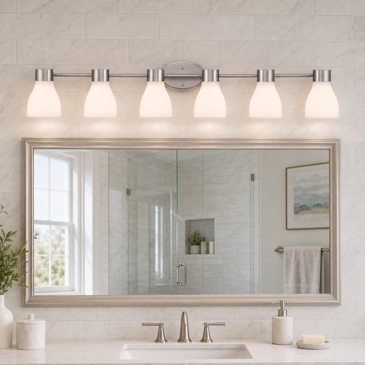 Jessa Opal Glass Dimmable Vanity Light, 6, Brushed Nickel