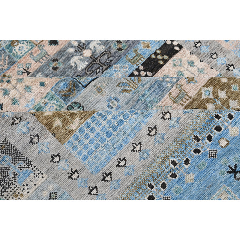Tapis bleu / ivoire / noir noué à la main de grande qualité Aryana