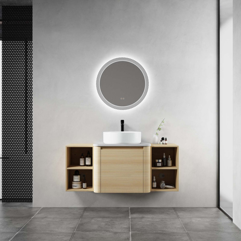 Meuble-lavabo mural avec lavabo d'art en céramique et 2 tablettes de rangement, 2 portes à fermeture douce, 48", Blanc