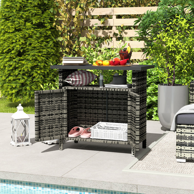 Outsunny Wicker Outdoor Storage Cabinet, Rattan Outdoor Bar Table with 2 Doors and Shelf, Outdoor Buffet Cabinet Sideboard with Metal Slatted Countertop for Poolside, Patio, Backyard