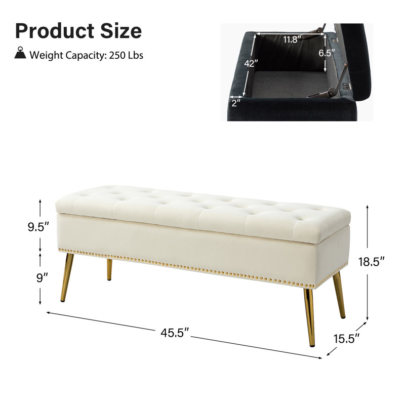 Banc de rangement rembourré en velours Kajana, Velours ivoire