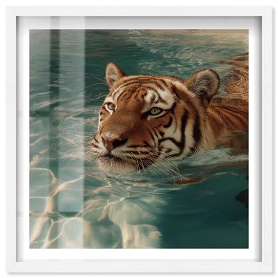 Aqua Tiger II Shadowbox Print Tiger Wall Decor by Notoriart, White Frame, 13 x 13