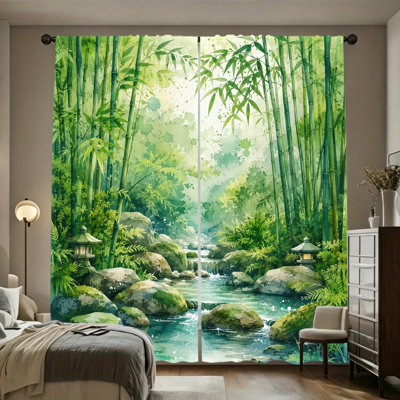 2 Panels Light Filtering Curtains, Tranquil Bamboo Forest River Stone and Japanese Lantern Zen Print Home Decor, Easy Hang Rod Pocket Design, All Season Window Drapes for Living Room Bedroom Study and Cabinet Decoration