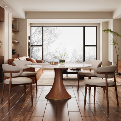 5 - Piece Mid-Century Round Pedestal Kitchen Dining Table Set With 4 Upholstered Chairs