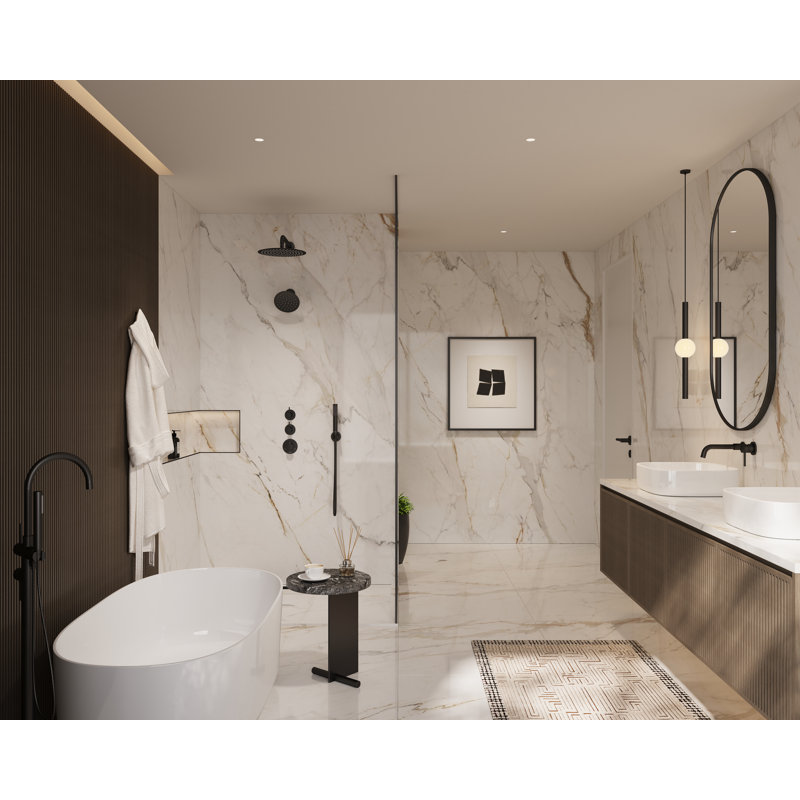  Tinian Thermostatic Shower System with Split Control Panel Dual 12" & 6" shower head, Handheld Shower in Matte Black