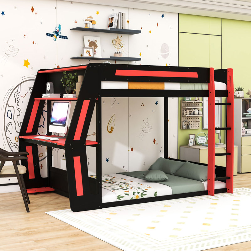 Bunk Bed With RGB Desk, USB Ports And LED Light Strip, Red