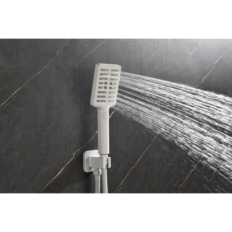 Shower System With Shower Head, Hand Shower, Slide Bar, Bodysprays, Shower Arm, Hose, Valve Trim, And Lever Handles, White