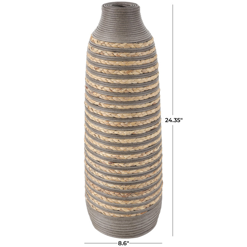 Dutton Brown Seagrass Handmade Braided Decorative Vase with Layered Gray Paneling, 24.35" H x 8.6" W x 8.65" D