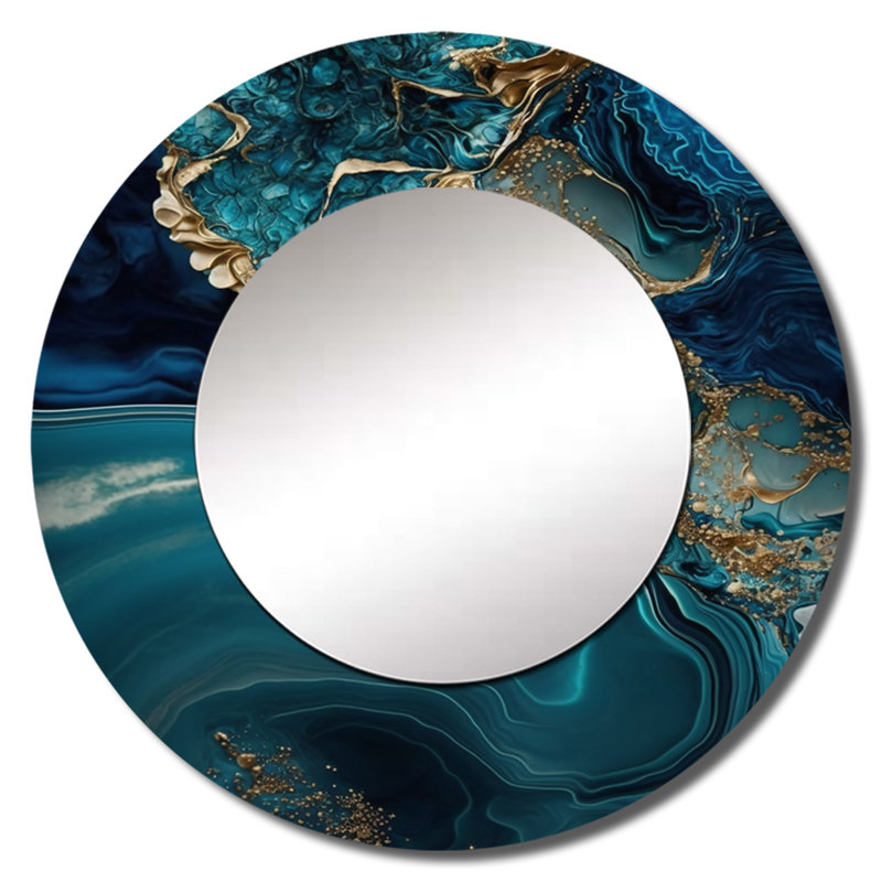 Phillode abstrait géode turquoise I - grand miroir en marbre, décor de miroir mural rond unique turquoise, impression d'art en métal