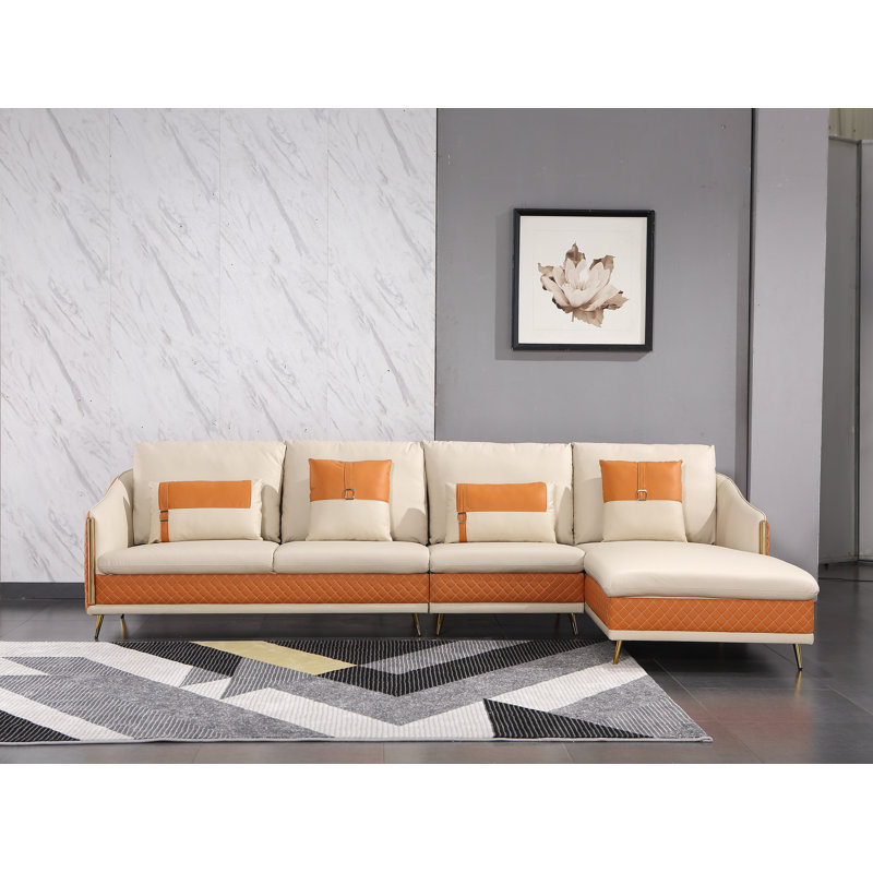 Icaro Sectional, Right Hand Facing, Off White/Orange Genuine Leather