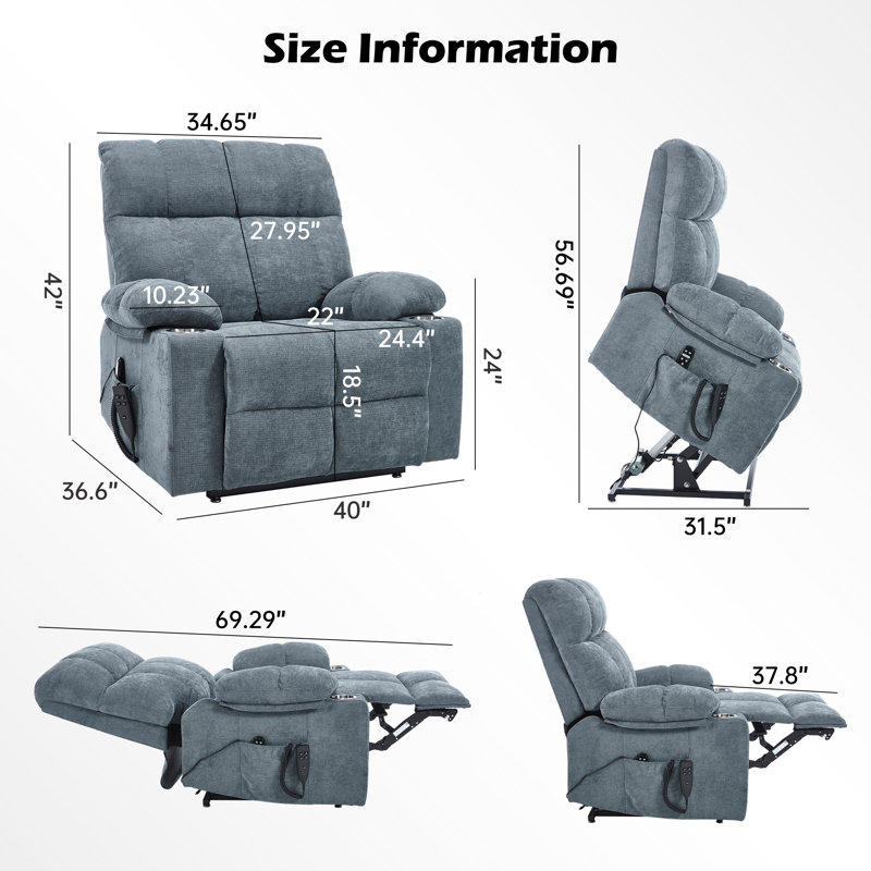 Aura 40" W Dual Motor Power Lift Recliner Oversize Chair With Massage Heating, Dual Cup Holders, Dual Side Pockets, Blue/Gray