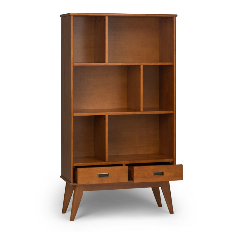 Grande bibliothèque Mid-Century moderne en bois massif avec tablettes réglables et pieds fuselés Draper, Brun teck