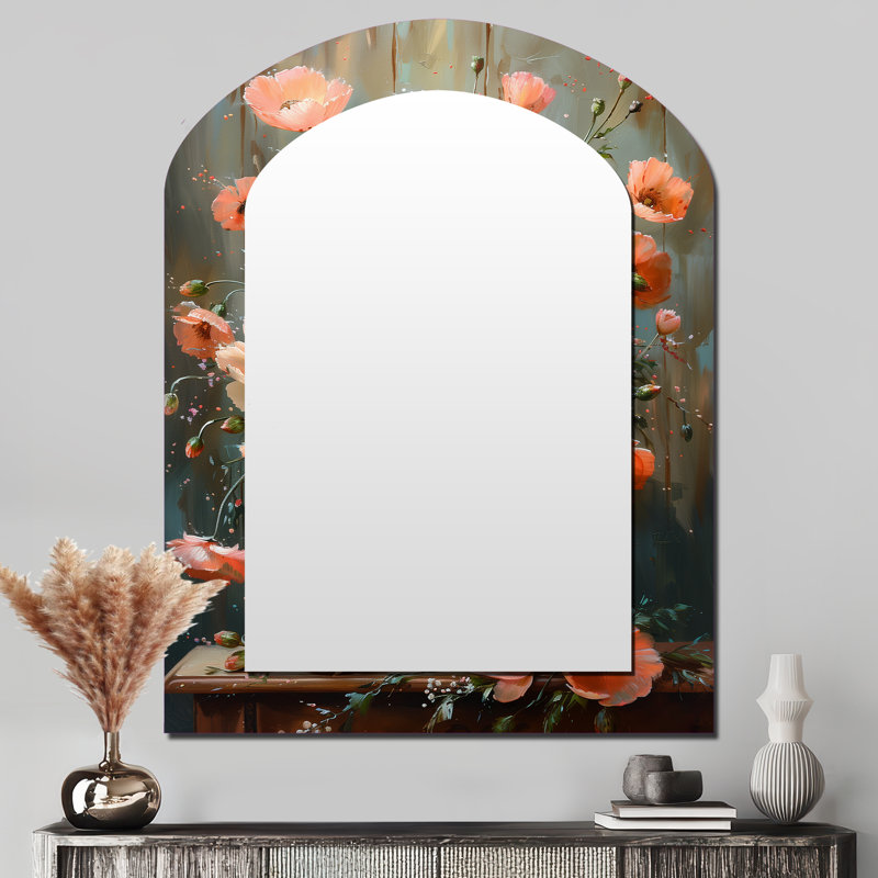 Rose gris coquelicots fleurs nature morte charme III - grand miroir mural asymétrique coquelicots, 43 po x 33 po