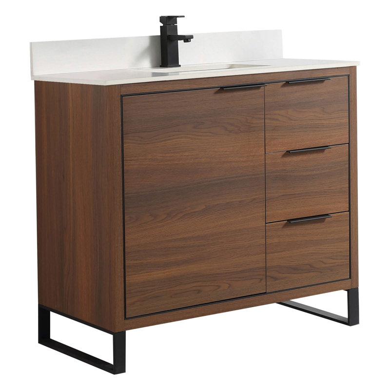 Geselle 36'' Single Bathroom Vanity with Stone Top, Matte Black, Walnut Ebony