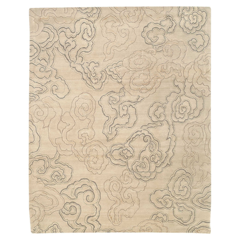 Cloud Floral Area Rug in Beige/Silver/White, Rectangle 6' x 9'