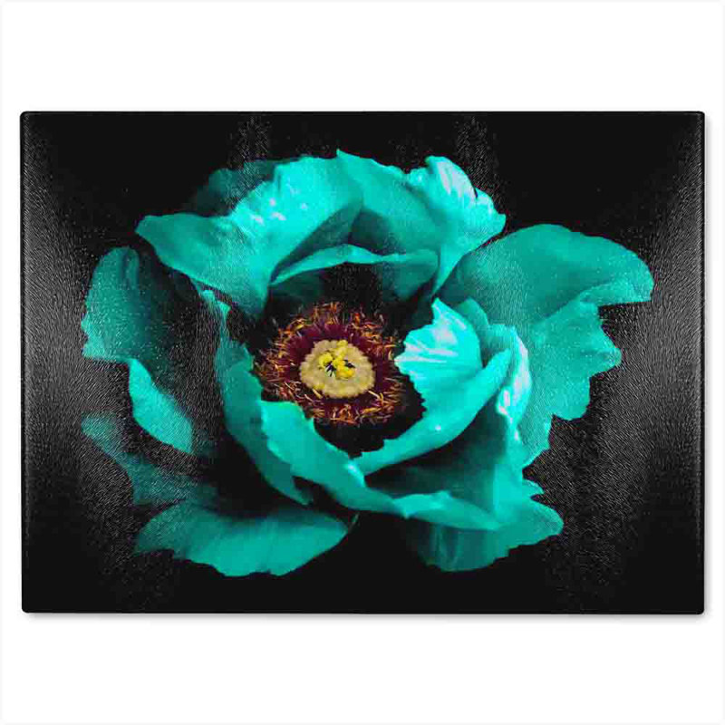 Cyan Peony Flower Glass Chopping Board, 28cm L x 20cm W