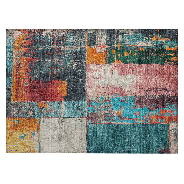 Machine Washable Indoor/Outdoor Xhevrie Teal Rug