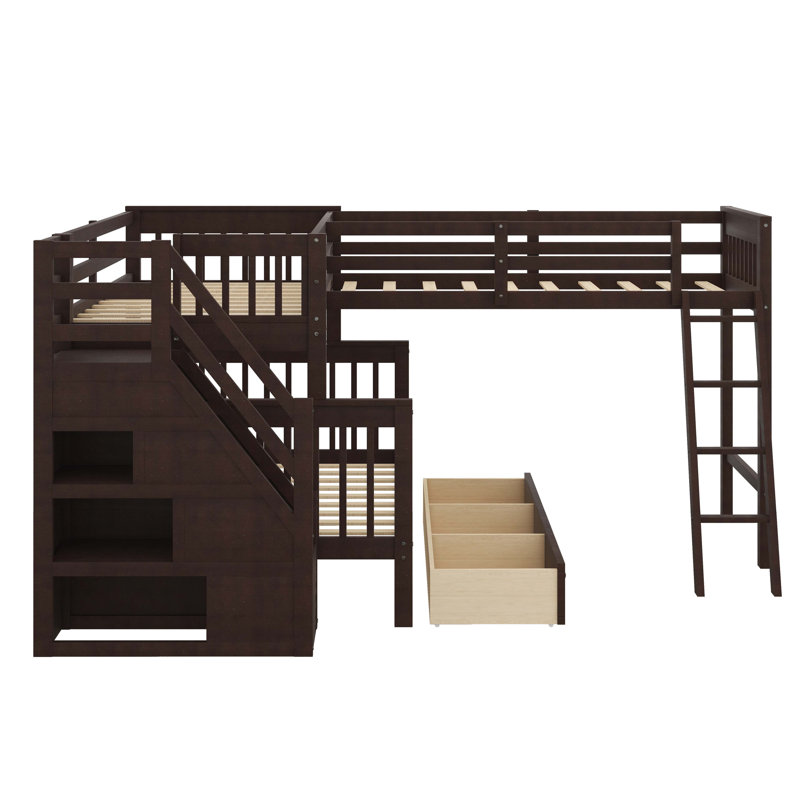 Lit superposé compact en forme de L avec lit supérieur simple et inférieur double et 3 tiroirs, Espresso
