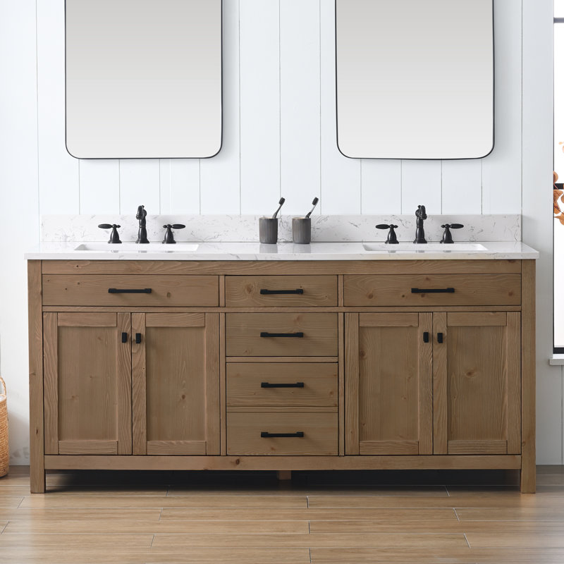 Ensemble de meuble-lavabo double 72 po Ajiya, Carrare blanc, Naturel texturé / noir mat