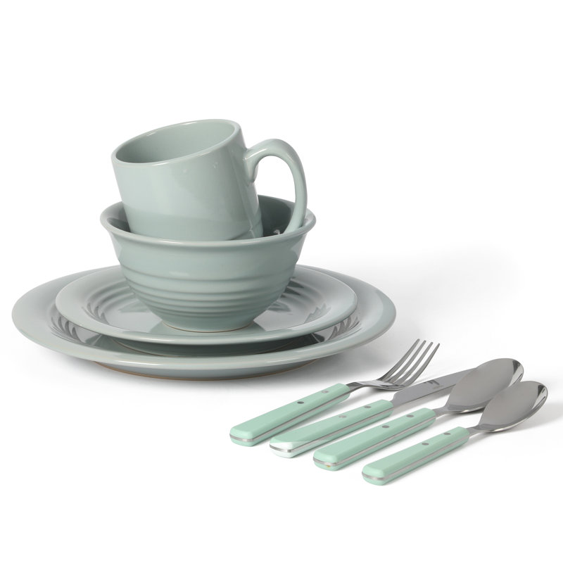 Blue Ceramic 32-Piece Dinnerware and Flatware Set, Service for 4