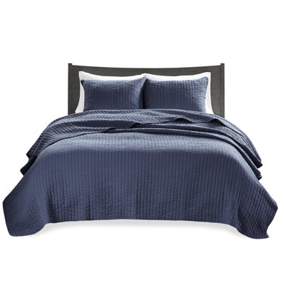 Full/Queen Navy 3 Piece Quilt - Microfiber, Cotton Fill, Reversible, Improves Bedding Hygiene And Appearance Reversible For Enhances Durability