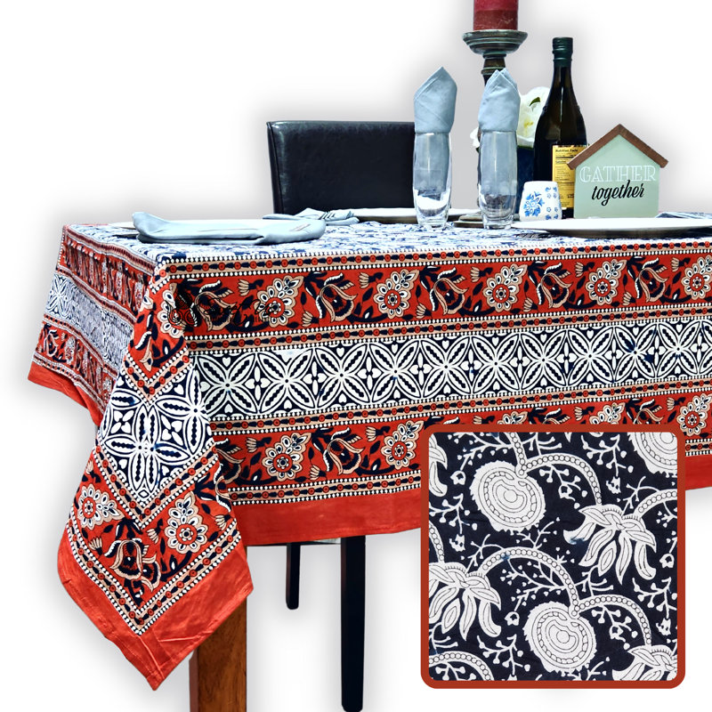 Cotton Bloom Delight Floral Tablecloth Rectangle, Kitchen Linen, Scarlet Slate