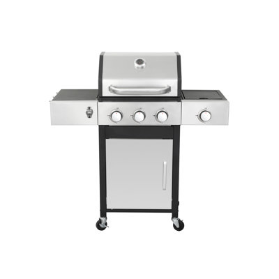 Gas Bbq With 3 Burners, Side Burner And Enameled Cast Iron Temperature Readout 3 Grill Burner, Rolling