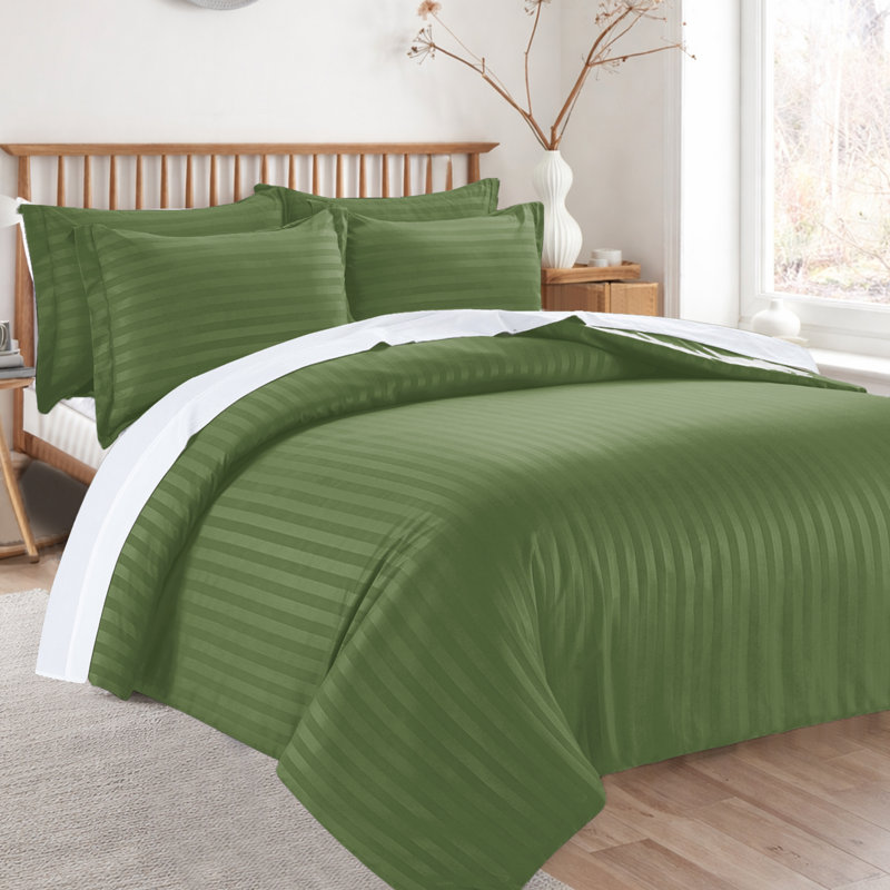 Microfiber 250 TC Reversible Stripe Duvet Cover Set with Pillowcases, Olive, Single Duvet Cover + 1 Standard Pillowcase