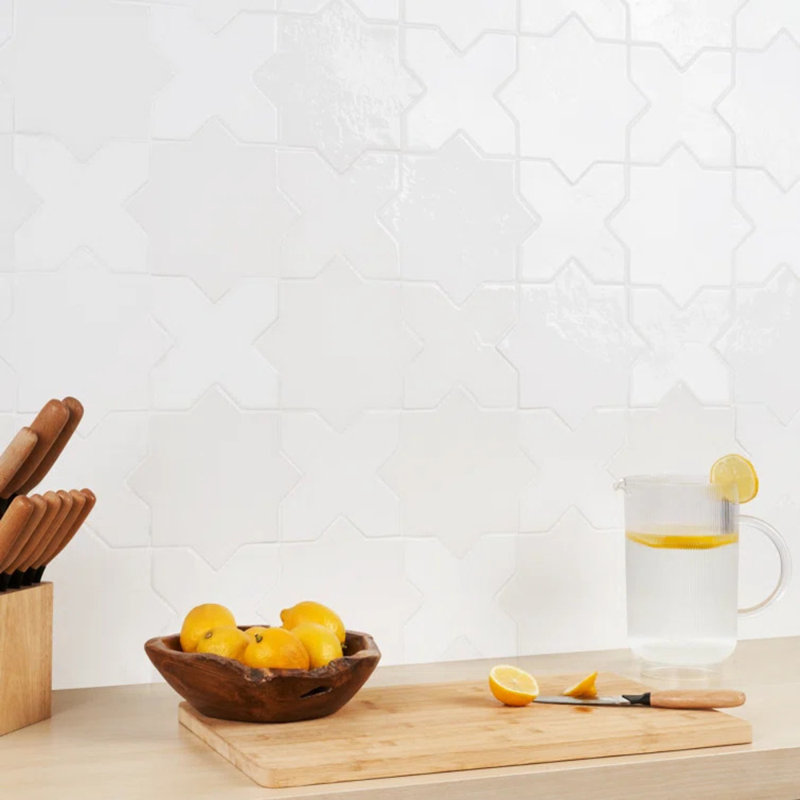 Parma Star and Cross 6" Terracotta Look Porcelain Tile, White