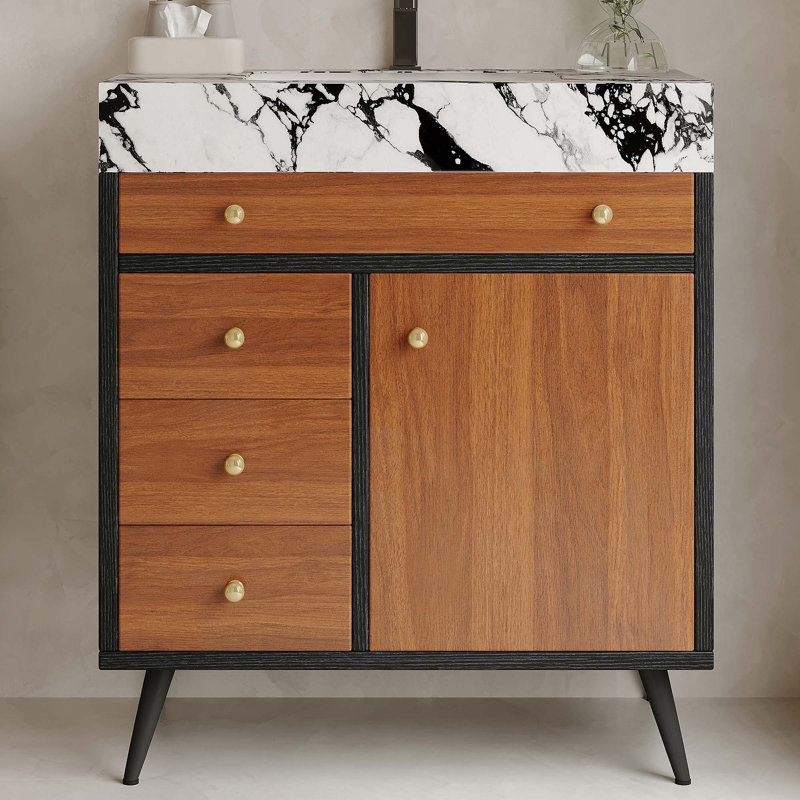 Meuble-lavabo autoportant moderne avec lavabo en céramique et rangement spacieux, durable et élégant, Faux Marble Black/White
