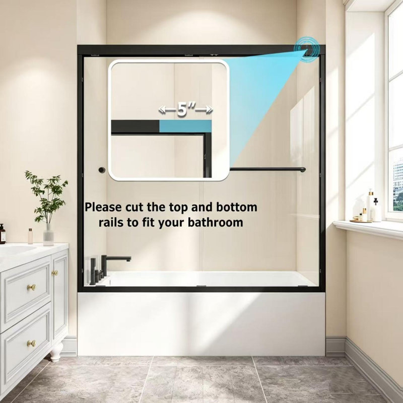 Porte de douche coulissante à double by-pass réversible, cadre en alliage d'aluminium, verre trempé de 1/4 po (6 mm) avec membrane antidéflagrante Nano, installation facile
