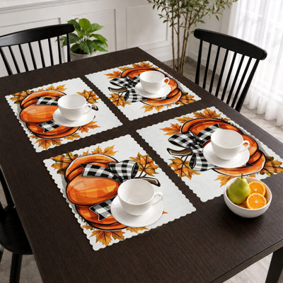 Ensemble de 4 napperons d'automne - Ensembles de table résistants à la chaleur, pour repas à l'intérieur et à l'extérieur, motif vichy orange et noir avec nœud