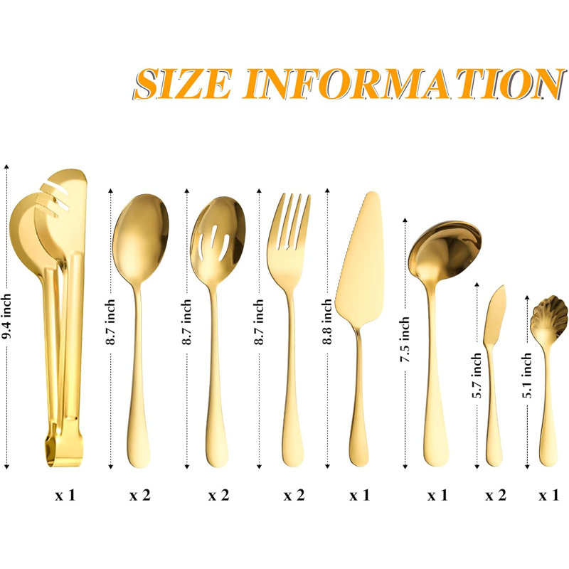 Ensemble d'ustensiles de service de 12 pièces en acier inoxydable - comprend une cuillère à rainure, une fourchette de service, des pinces, une louche à soupe, un service à tarte, un lave-vaisselle pour le buffet, la restauration et un usage domestiq
