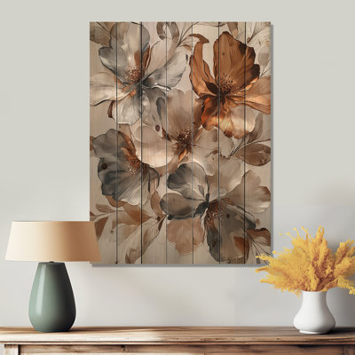 Metallic Copper And Chrome Abstract Flowers II - Flowers Wood Wall Art - On Natural Pine Wood