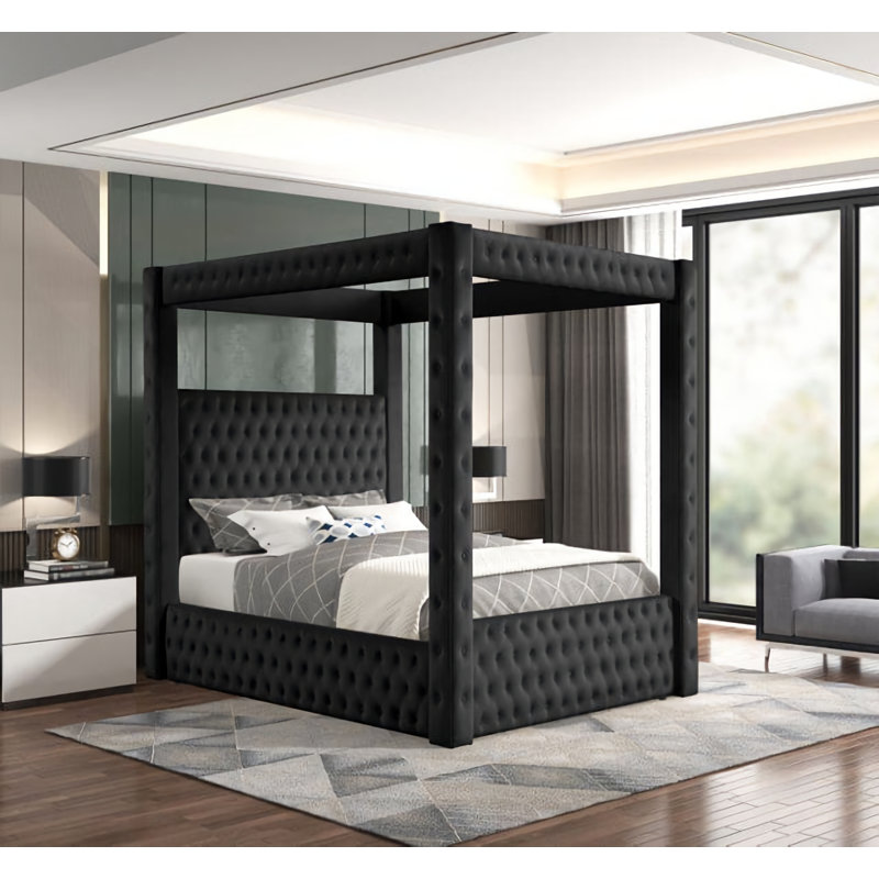 Valesia Upholstered Canopy Bed, Queen, Black
