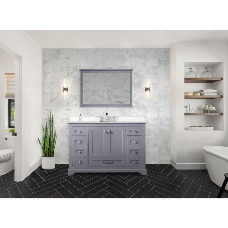 Meuble-lavabo simple gris foncé l 48 po x P 22 po, plateau en marbre de culture, lavabo carré blanc et miroir de 46 po