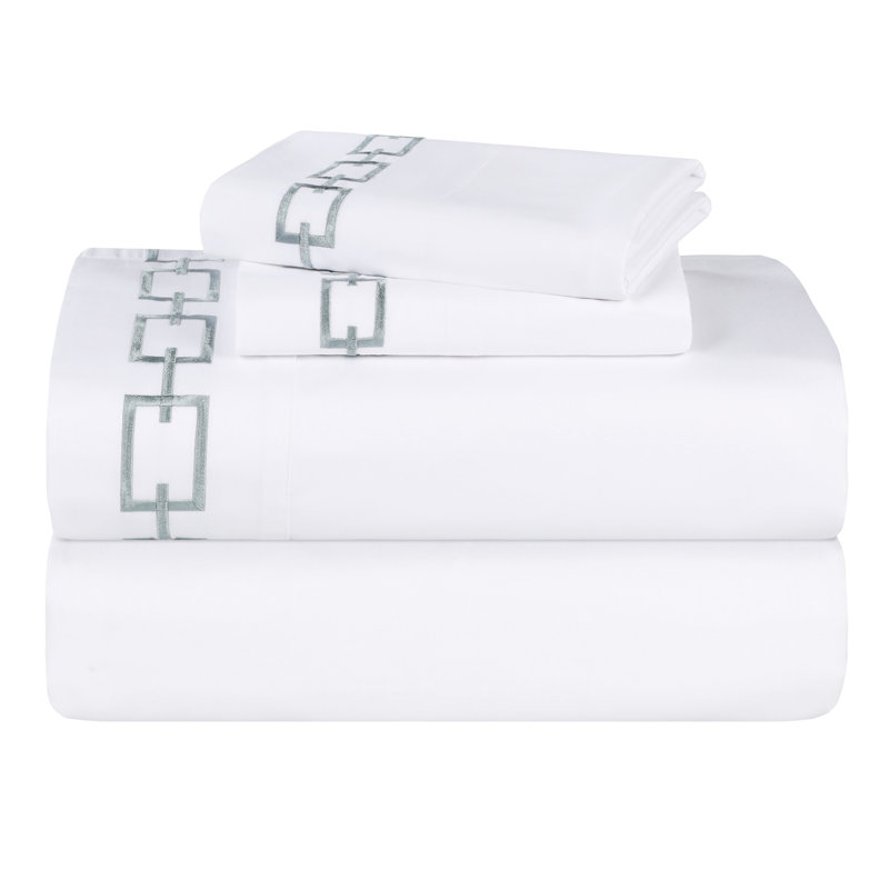 Superior 100% Cotton Chain Link Embroidered Deep Pocket Bed Sheet Set, King Sheet Set with 2 Pillowcases, White/Silver