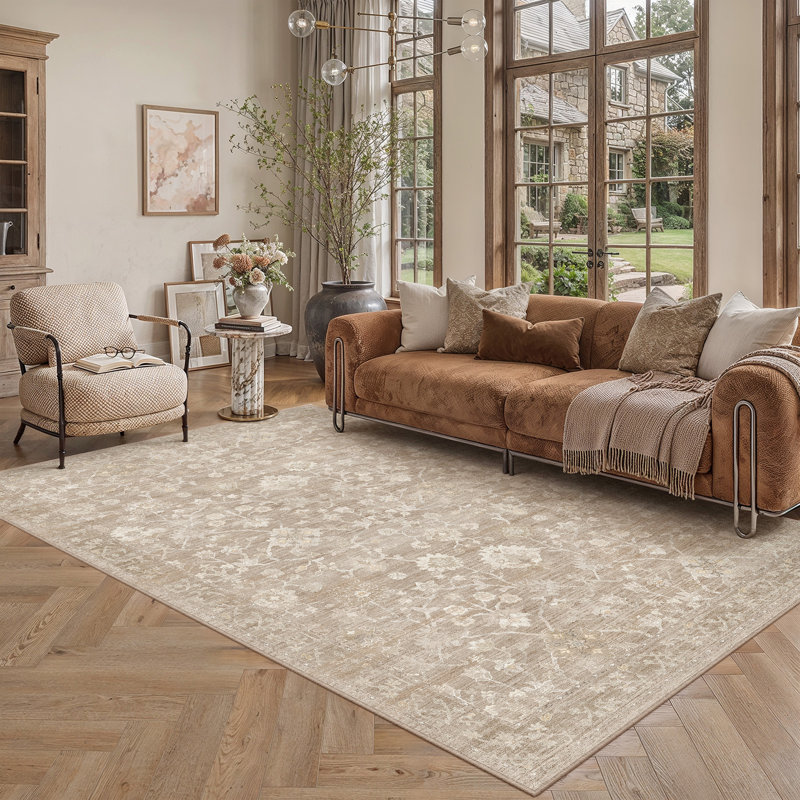 Tapis lavable à motif floral rétro Avella avec envers antidérapant, Beige, Rectangle 108 po x 72 po