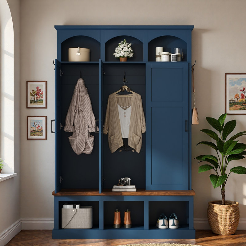 Farmhouse Arched Design Hall Tree With 3 Hidden Storage, 5 Hooks, Compartments Amd Bench, Blue